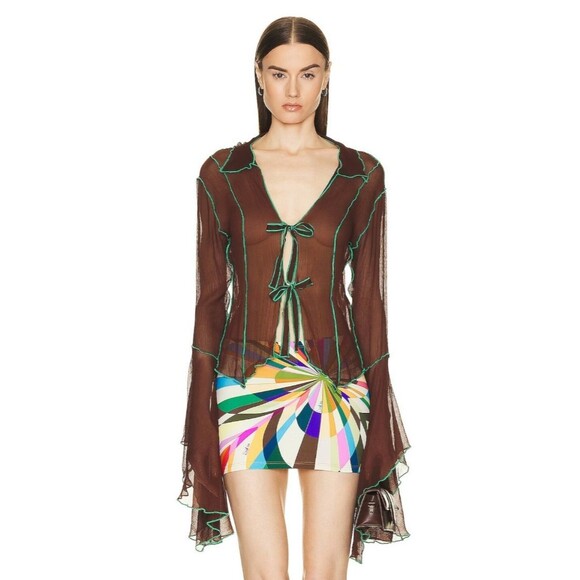 SIEDRES Zee Fluted Sleeve Tie Front Shirt 38 Medium Brown Green Sheer Fairy $350 - Picture 1 of 11